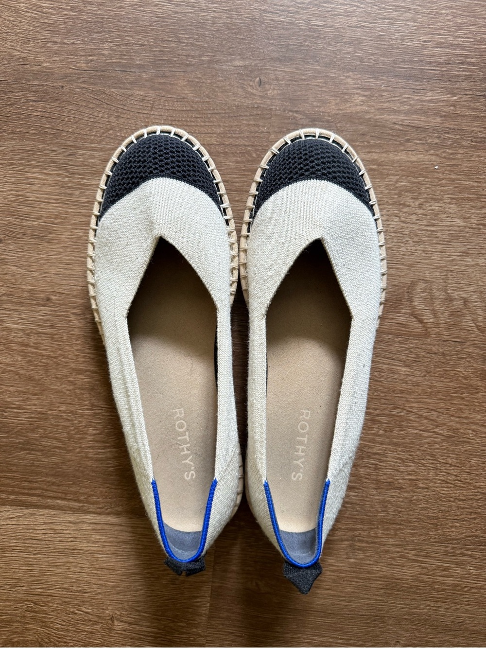 Rothy's Two-Tone Cream and Black Espadrille Flats with Blue Heel Trim